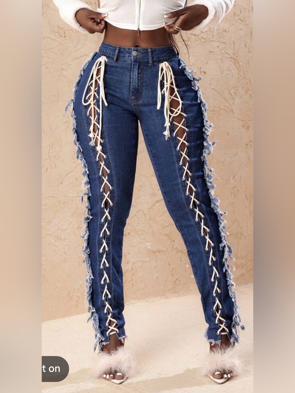 Loverly Fit Bold & Sexy Women's Dark Blue Lace-Up Fringe Denim Jeans